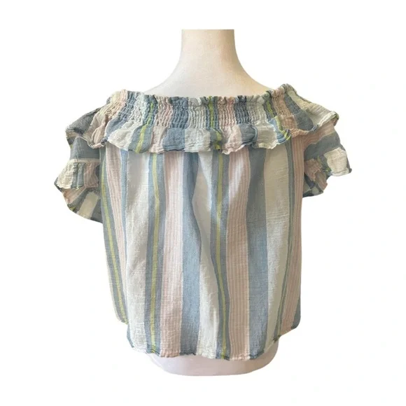 Socialite Pink, White, Yellow, Blue Striped off the Shoulder Crop Top-Sz Large - Picture 4 of 6